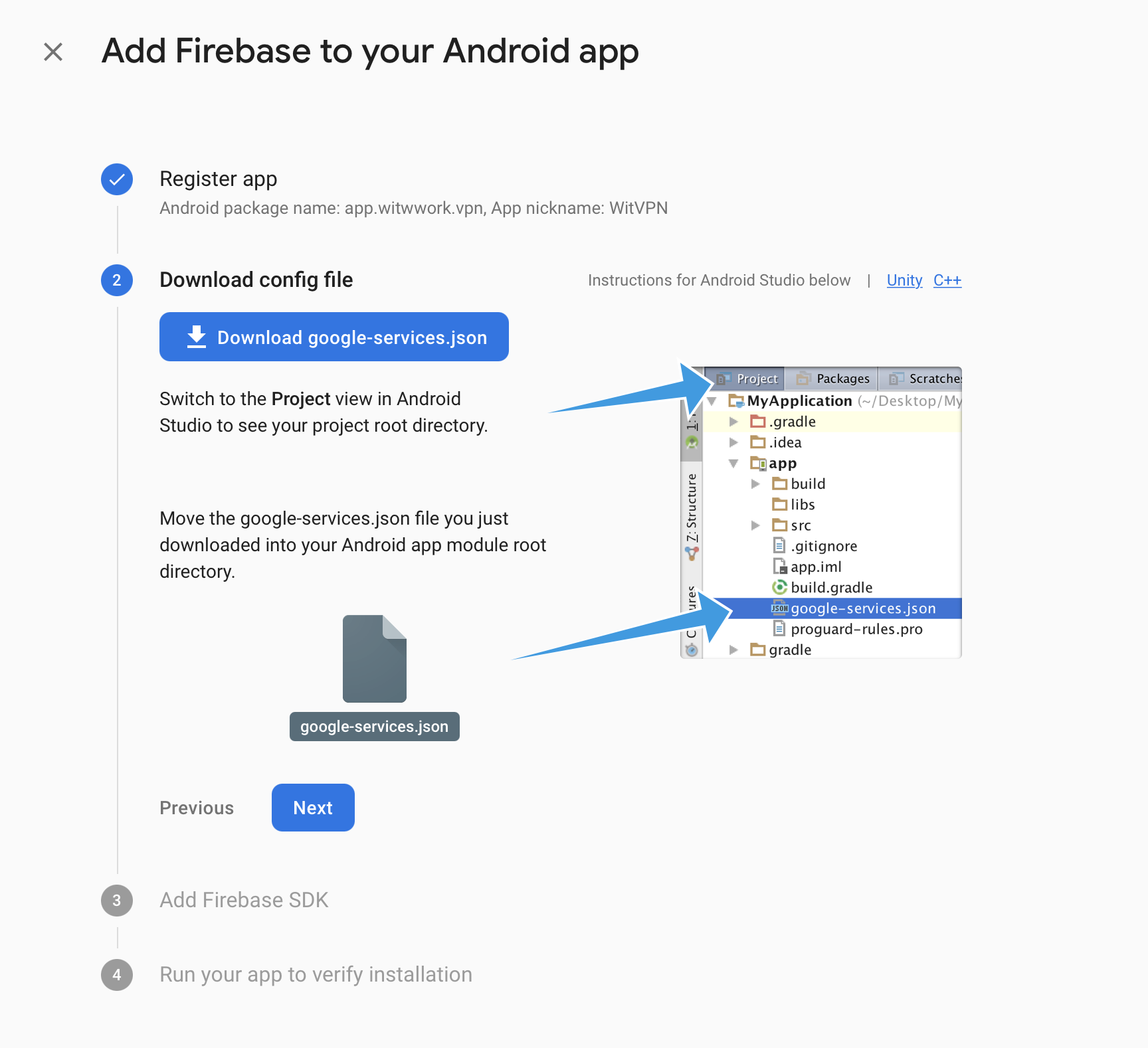 Firebase Console — Download google-services.json