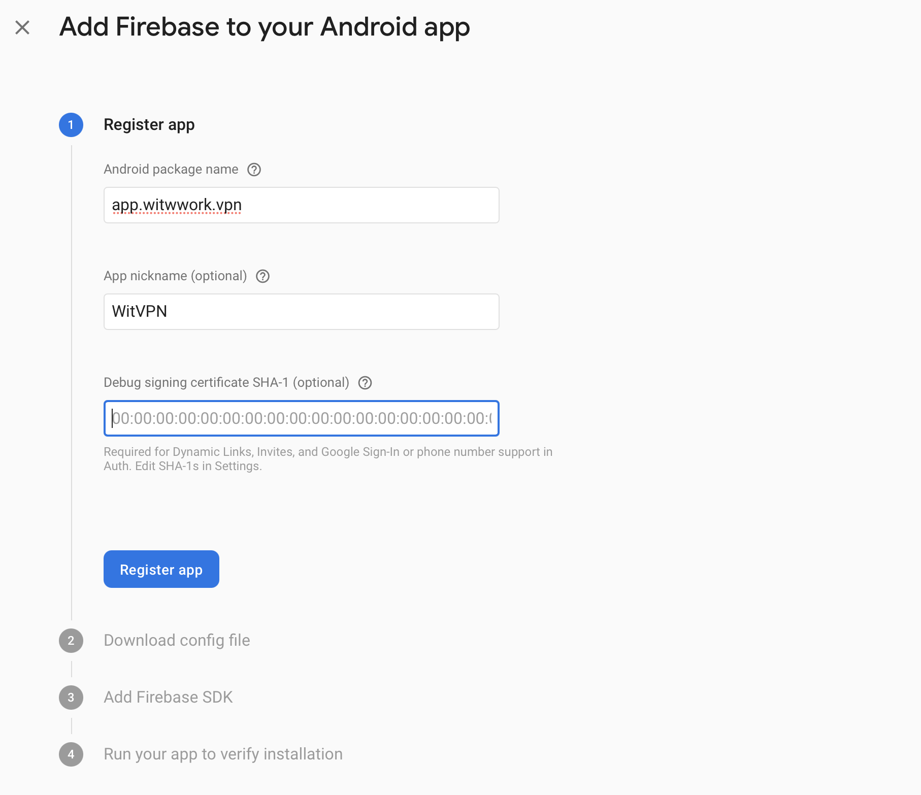 Firebase Console — Add Android app, Register step