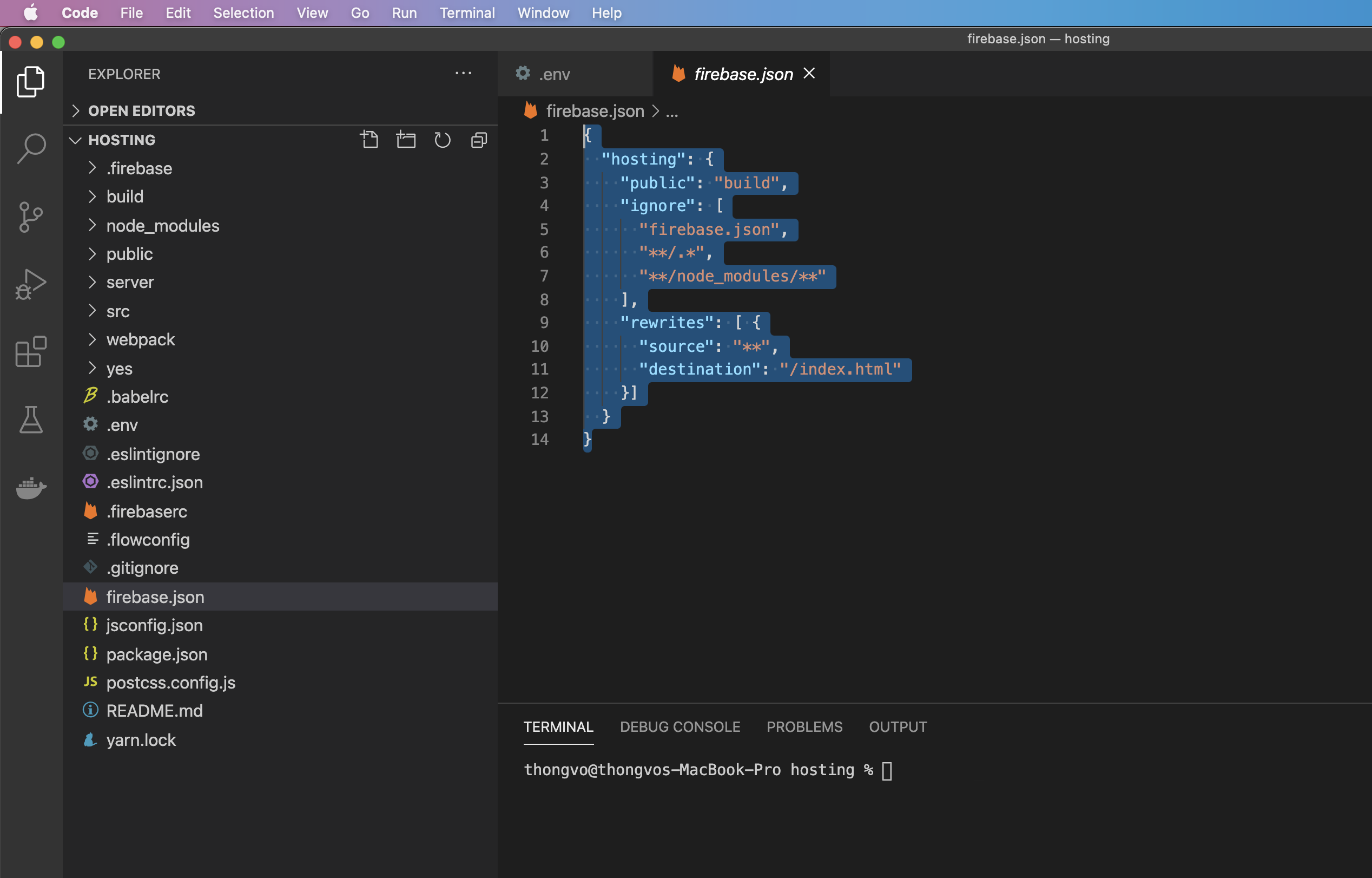 firebase.json — hosting config with SPA rewrites
