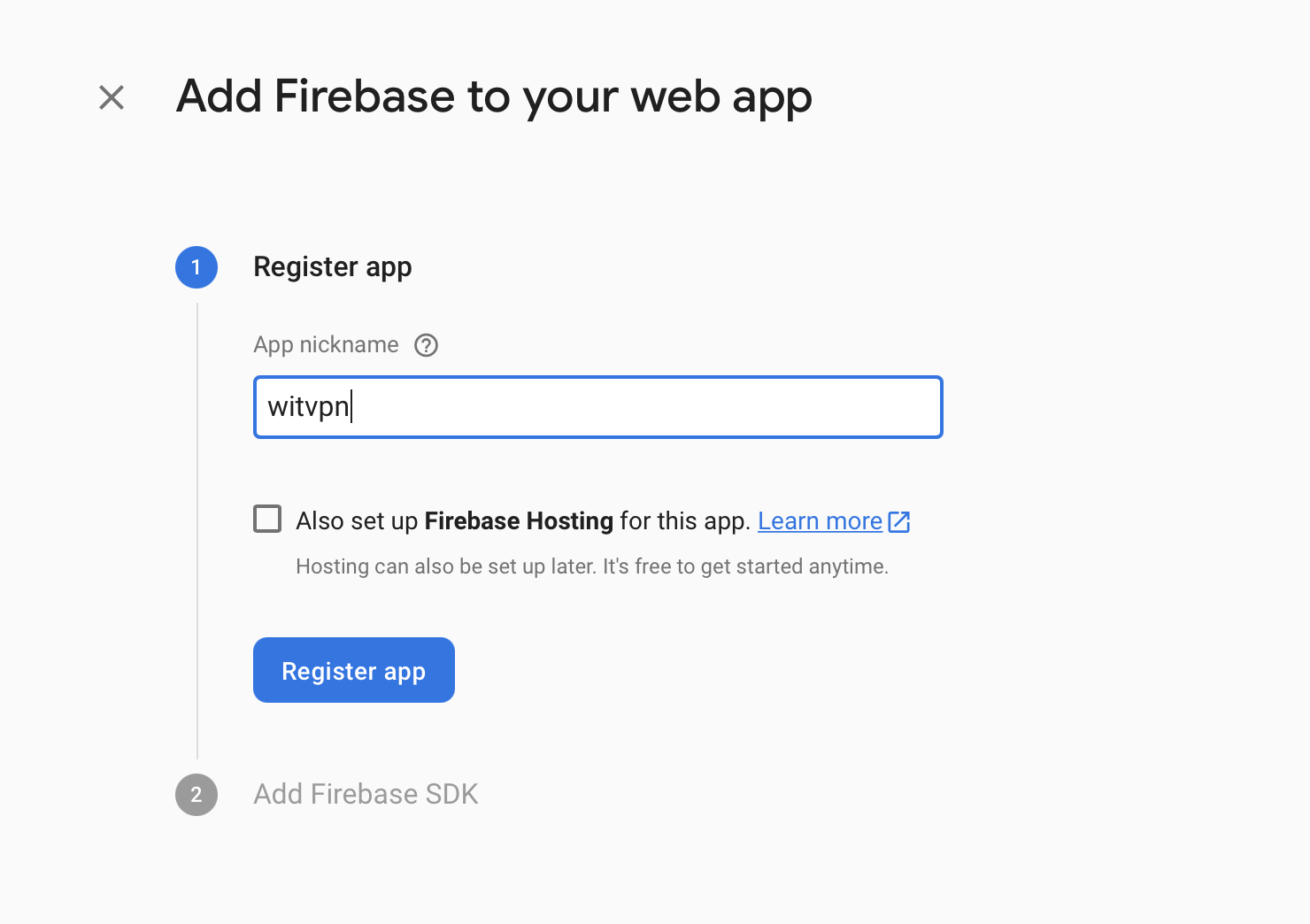 Firebase Console — Add Web app, Register step