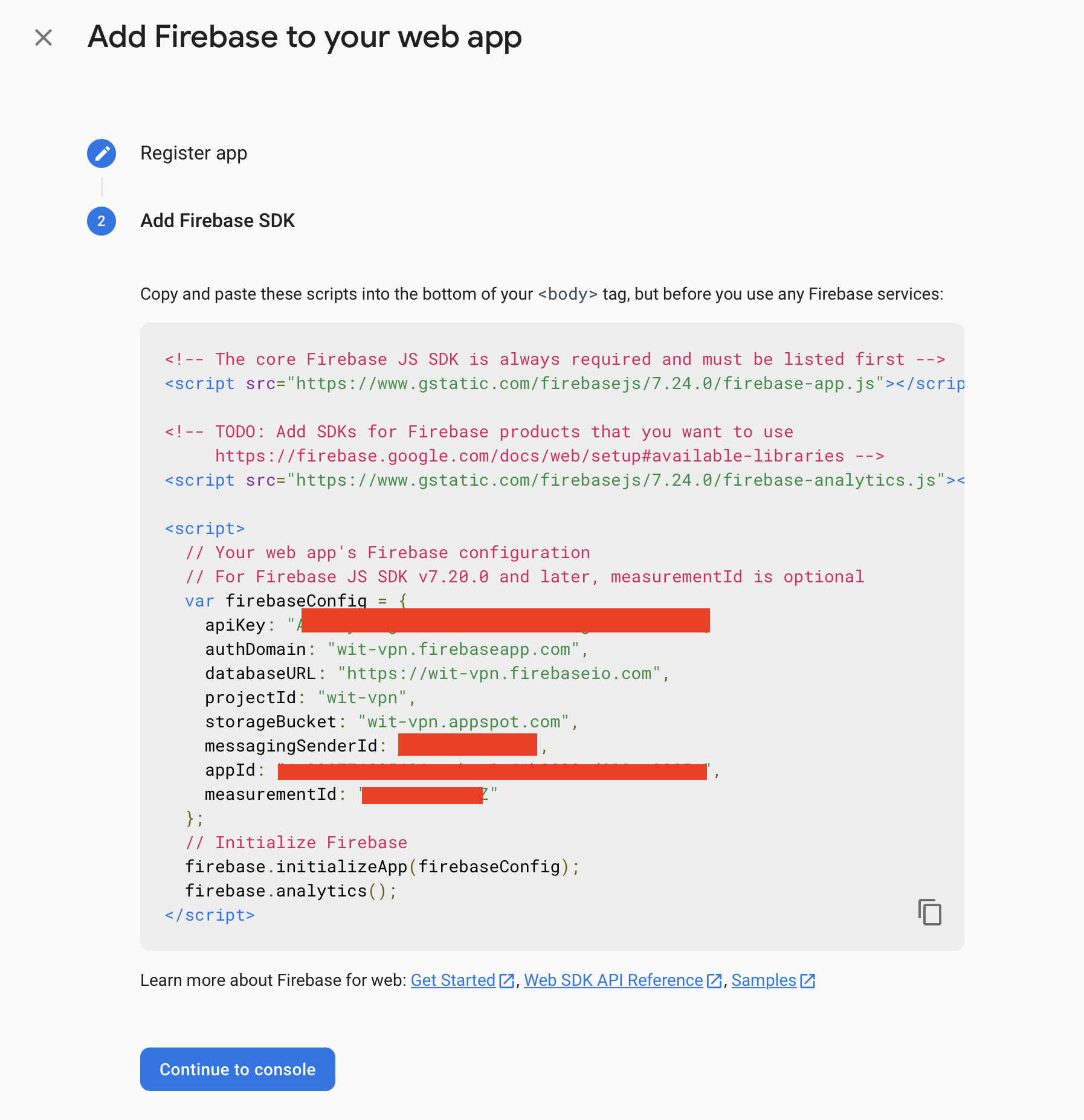 Firebase Console — Web SDK config values