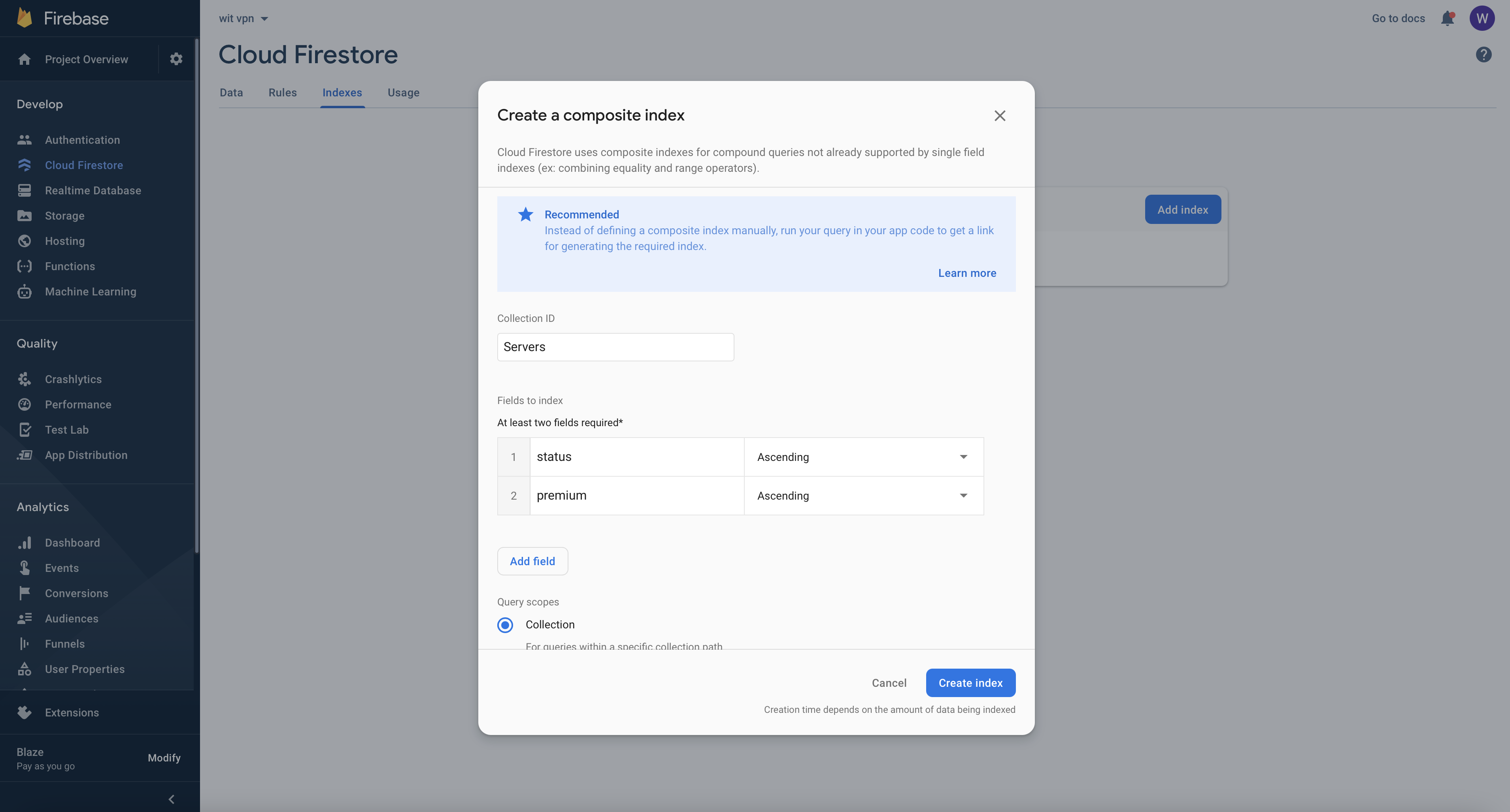 Firestore — Create composite index for Servers (status + premium)