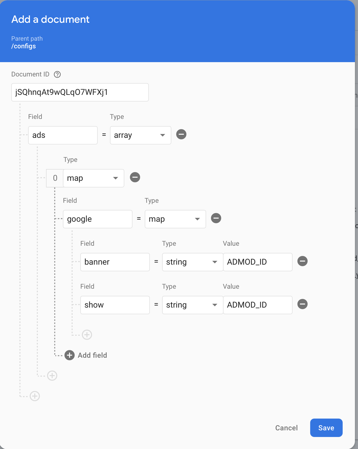 Firestore — configs document with ads field