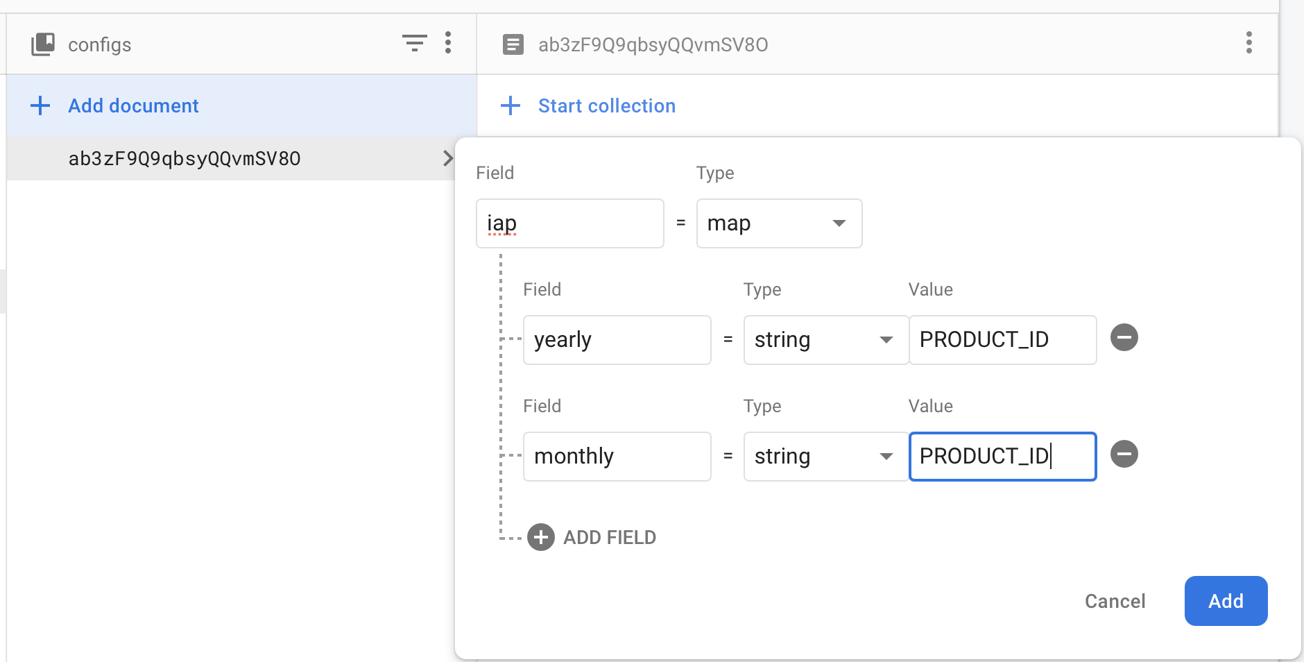 Firestore — configs document with iap field (yearly/monthly)