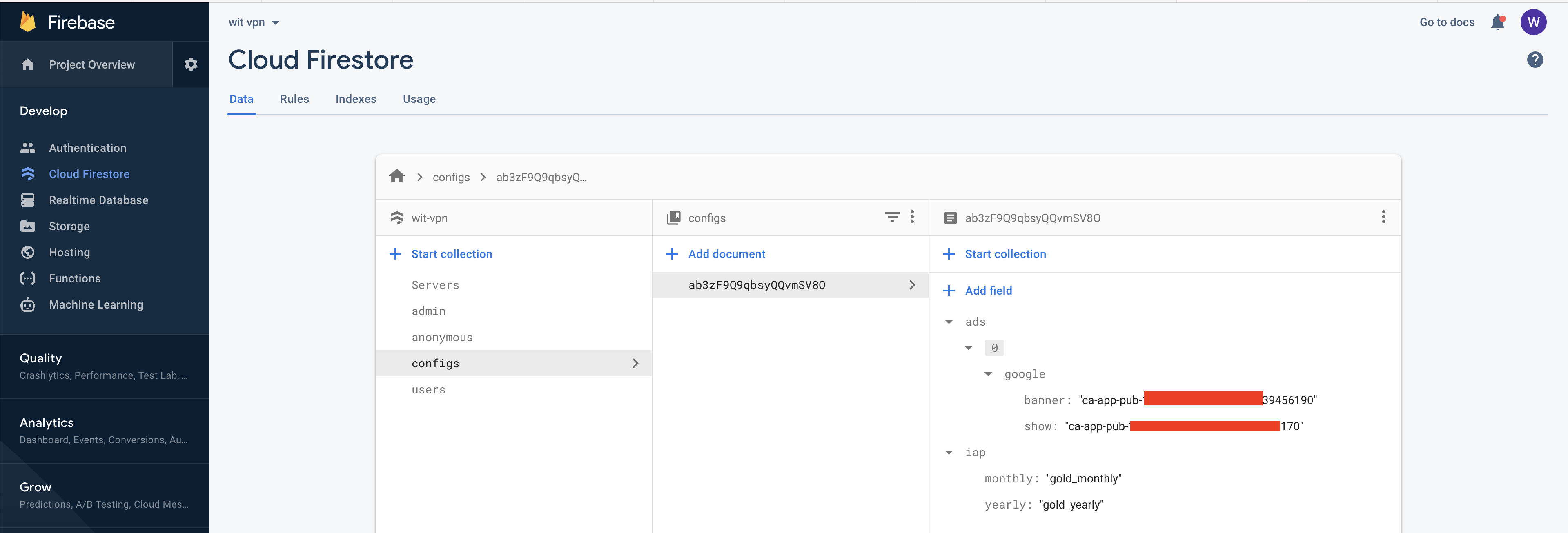 Firestore — collections list overview