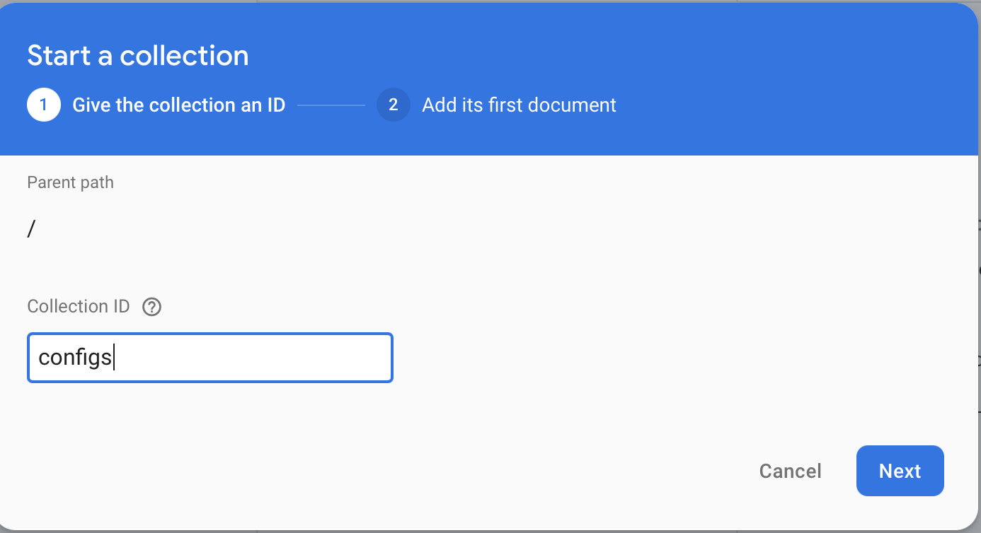 Firestore — Start a collection dialog